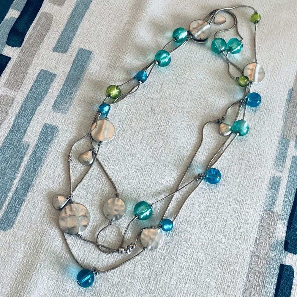 Long Silver Blue Green Beaded Necklace